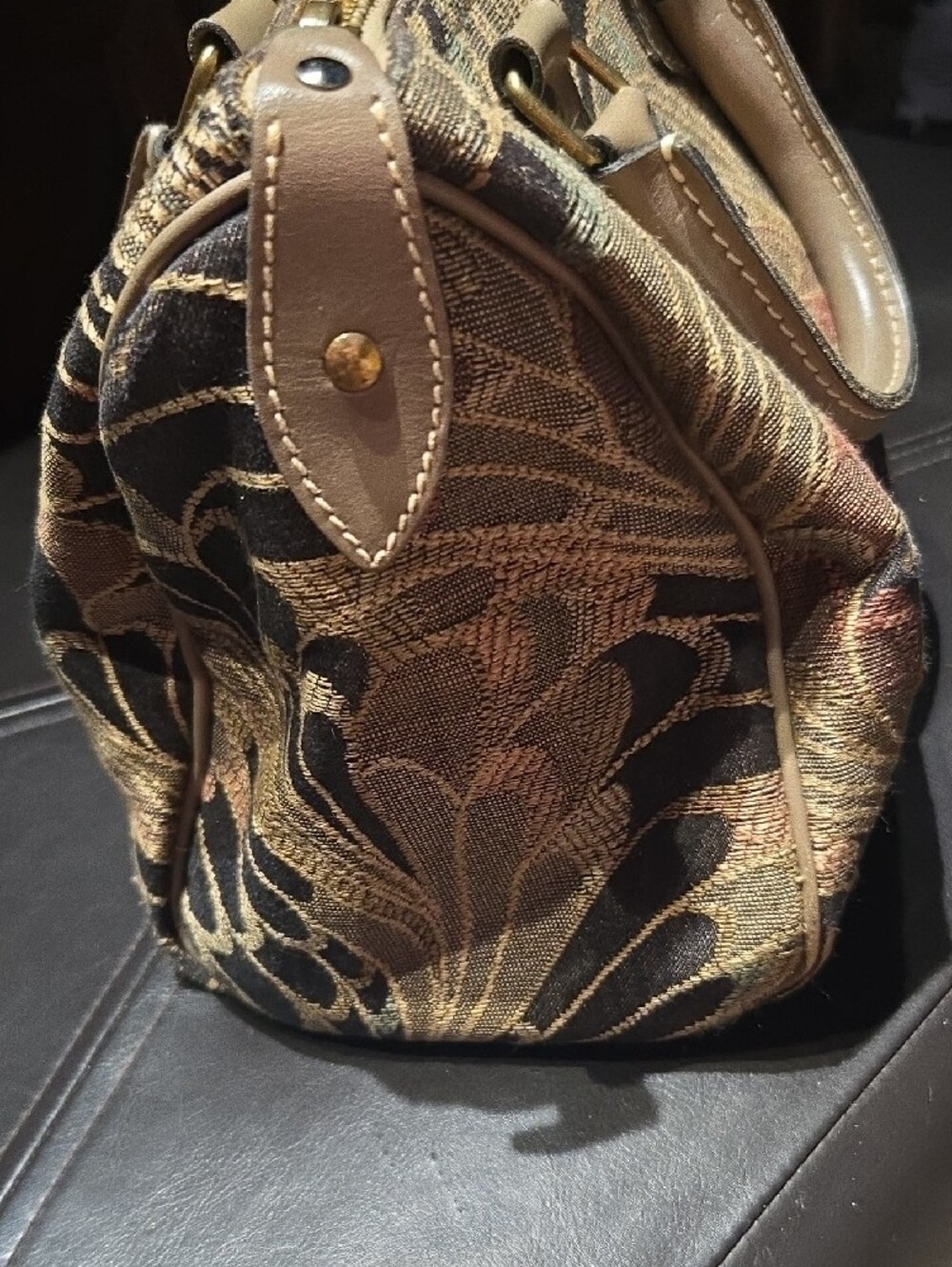 French~Tapestry Pattern Satchel Handbag in Tan and Black - Picture 5 of 7